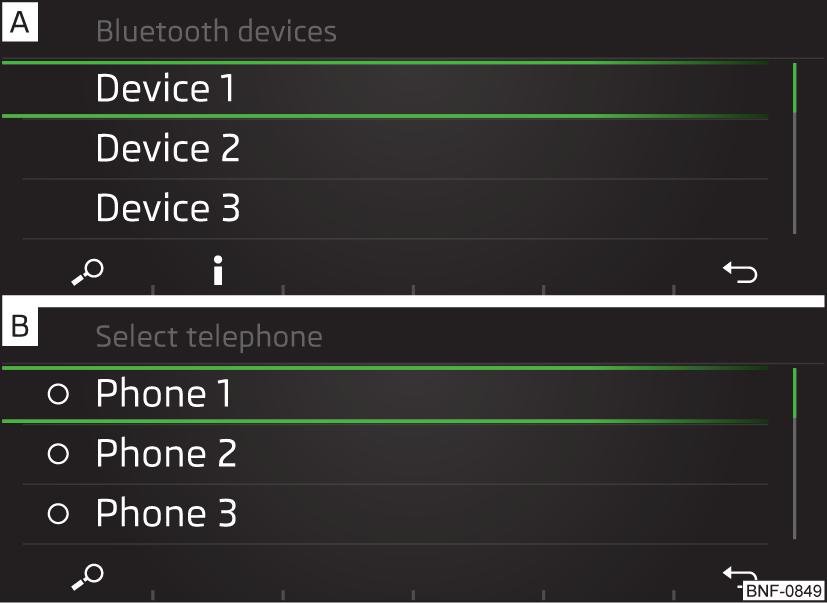 Rys. 108 Lista wyszukanych urządzeń bluetooth / lista skojarzonych telefonów Jeżeli z urządzeniem jest połączony jeden telefon, nacisnąć przycisk Wybierz telefon.