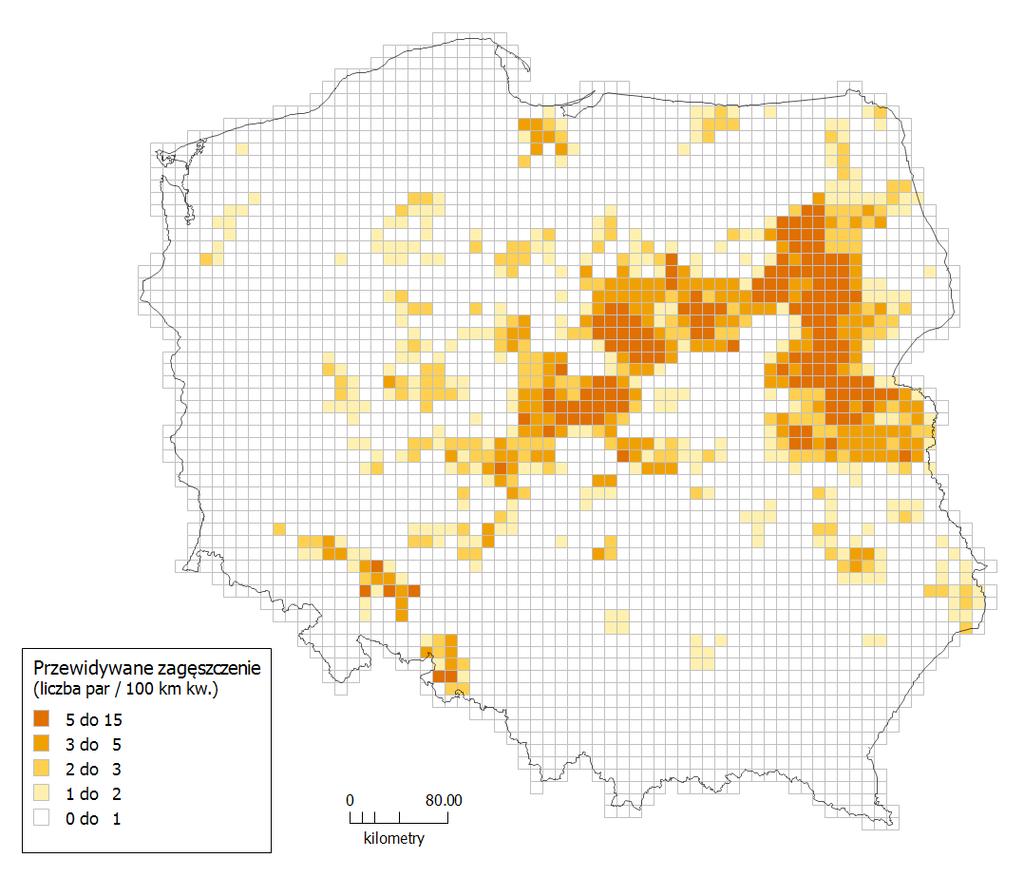 8.6. Predykcja zagęszczeń populacji w poszczególnych regionach kraju Przestrzenny rozkład zagęszczenia populacji błotniaka łąkowego w Polsce został przedstawiony na Ryc. 19, Ryc.