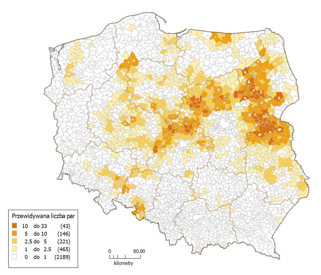 Ryc. 25. Mapa przewidywanej liczebności błotniaka łąkowego w gminach (średnie dla lat 2013-2014) The map of predicted mean population size in the years 2013-2014 within each commune. 8.7.