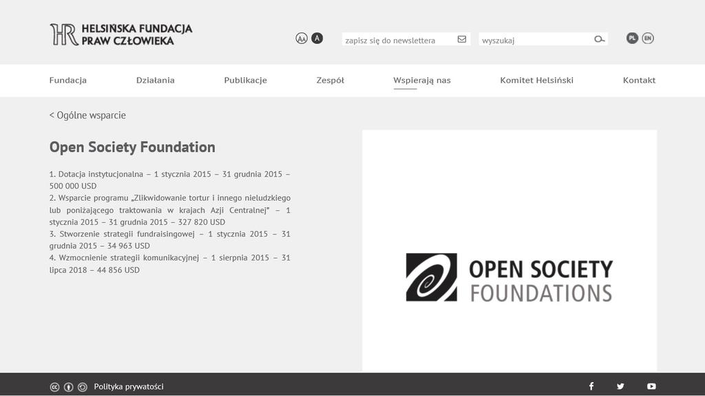 Open Society Foundation 1 Dotacja instytucjonalna 1 stycznia 2015 31 grudnia 2015 500 000 USD 2 Wsparcie