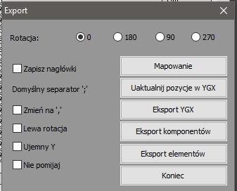 9) Przycisk Export umożliwia zapis informacji o elementach lub komponentach do pliku, wyświetla następujący formularz: Zapis może odbyć się w jednym z czterech zdefiniowanych kątach.