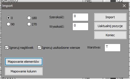 Formularz ten umożliwia import elementów w rotacji o jeden z 4 zdefiniowanych kątów. Przy korzystaniu z tej opcji wymagane jest precyzyjne podanie wymiarów płytki za oprogramowaniem projektowym.