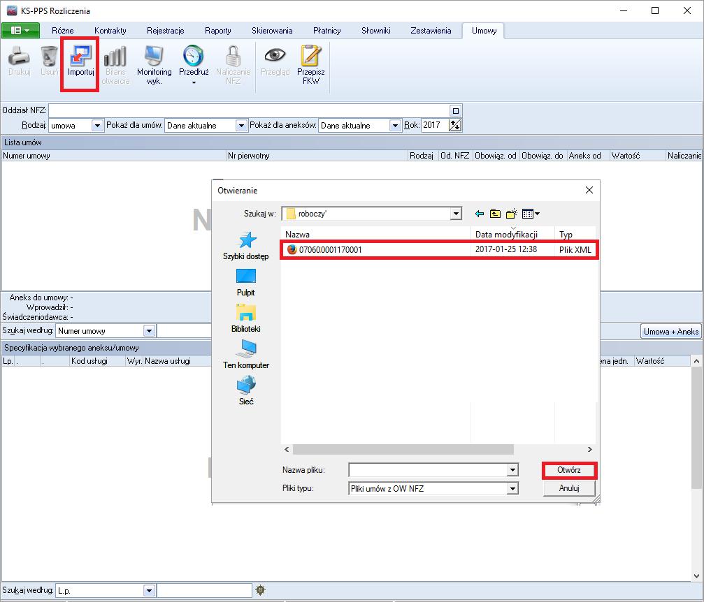1. KONFIGURACJA PROGRAMU Przed rozpoczęciem rejestracji świadczeń na 2016 rok powinno się wykonać następujące czynności: 1.1. Zaimportowanie pliku nowej umowy Rozliczenia-> Kontrakty-> Umowy-> [shift+f5] Importuj -> należy wskazać, zapisany na dysku, plik umowy z NFZ na 2017 rok.