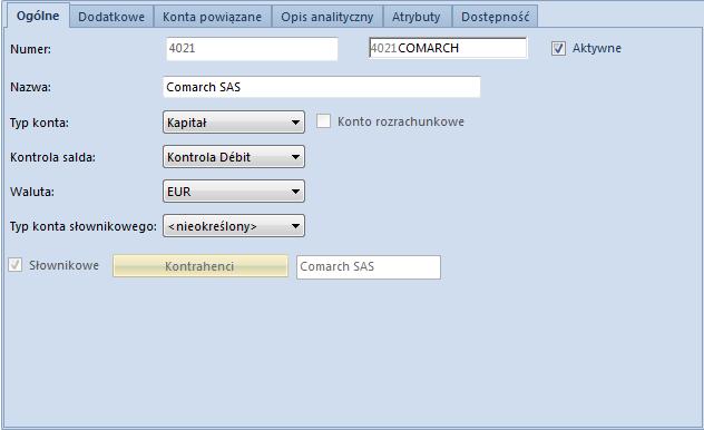 System podpowiada numer konta z myślnikiem, ale po zaznaczeniu opcji Załóż konto zostanie utworzone konto o numerze 4011COMARCH (bez myślnika). Rys.