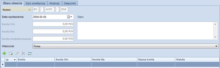 BOA dokument Bilansu Otwarcia utworzony automatycznie na podstawie poprzedniego okresu obrachunkowego KBO Korekta Bilansu Otwarcia wprowadzona przez użytkownika KBOA Korekta Bilansu Otwarcia