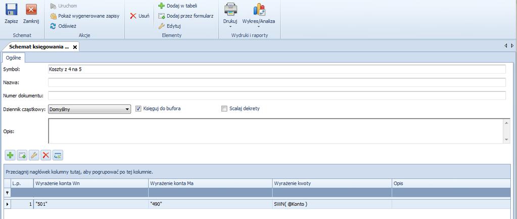 Rys. 97 Formularz danych schematu księgowań okresowych Pola obligatoryjne: Symbol pole pozwalające na wprowadzenie symbolu schematu, służącego do łatwej i szybkiej identyfikacji poszczególnych