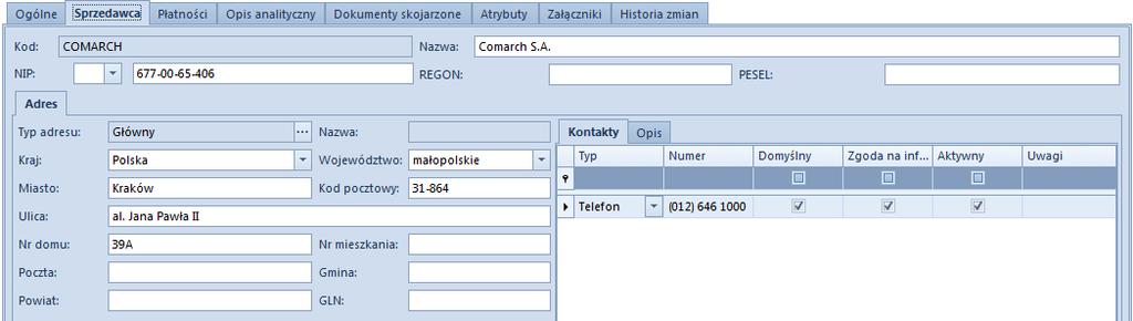 Rys. 155 Zakładka Sprzedawca na formularzu faktury VAT Zakładka Płatności Zakładka dostępna jest wyłącznie dla dokumentów dodawanych bezpośrednio z poziomu rejestru VAT.