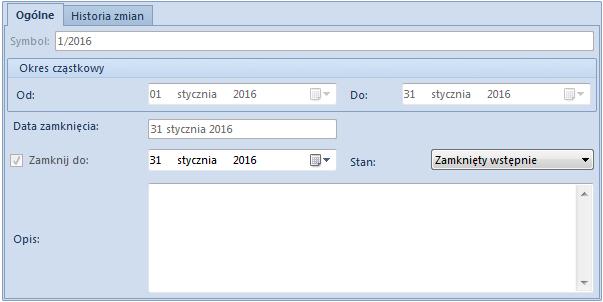 Rys. 9 Formularz cząstkowego okresu obrachunkowego dla operatora z uprawnieniami zamykania okresów cząstkowych Na formularzu znajdują się następujące pola: Data zamknięcia kontrolka jest nieaktywna i