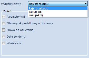 178 Seryjna zmiana rejestru VAT Na otwartym oknie z parametrami dotyczącymi seryjnej zmiany dostępna jest lista rejestrów VAT, na której należy wskazać rejestr, do którego mają