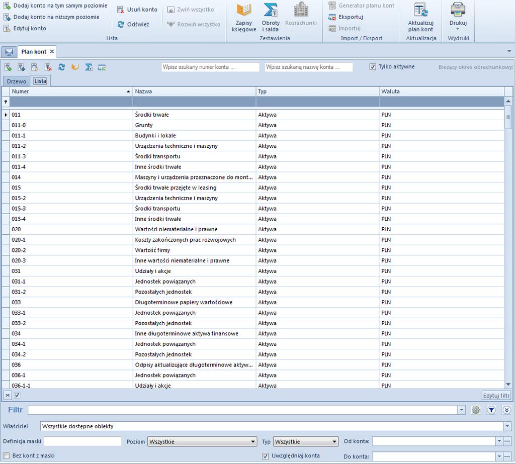 Rys. 32 Okno planu kont wyświetlanego jako lista Operacje możliwe do wykonania na liście planu kont: Dodanie konta na tym samym poziomie Dodanie konta na niższym poziomie Edycja konta- umożliwia