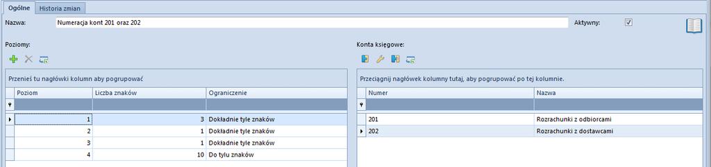 Rys. 38 Dodawanie poziomów zagłębień kont Do wypełnienia są: Poziom system automatycznie wprowadza numery poziomów. Dla konta syntetycznego jest to cyfra 1 dla analitycznych kolejne numery.