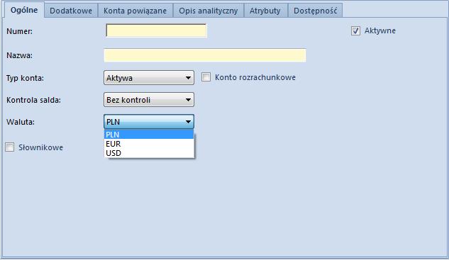 Rys. 47 Lista wyboru kontroli salda Waluta pozwala wybrać walutę, w której prowadzone będzie konto.