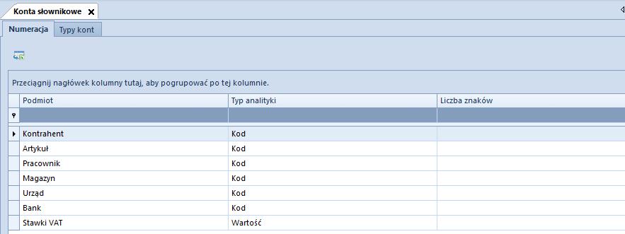 Rys. 53 Okno numeracji kont słownikowych Podmiot określony słownik wartości Typ analityki: Identyfikator analityka budowana w oparciu o unikalny identyfikator obiektu typu: kontrahent artykuł