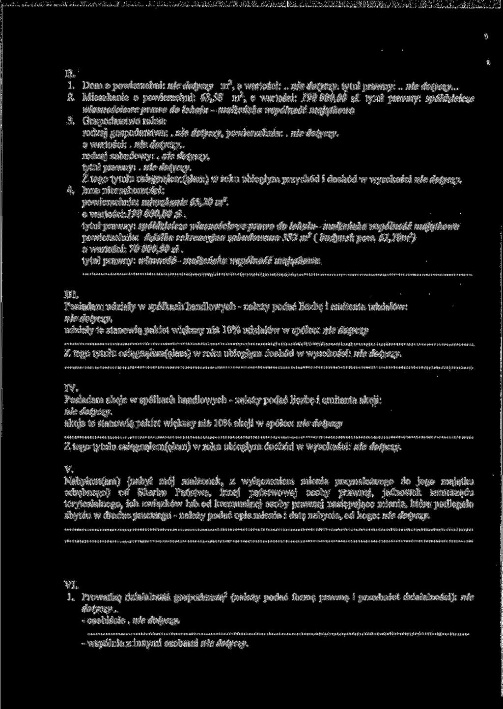 II. l. Dom o powierzchni: nie dotyczy m 2, o wartości:.. tytuł prawny:.... 2. Mieszkanie o powierzchni: 63,58 m 2, o wartości: 190000,00 zł.