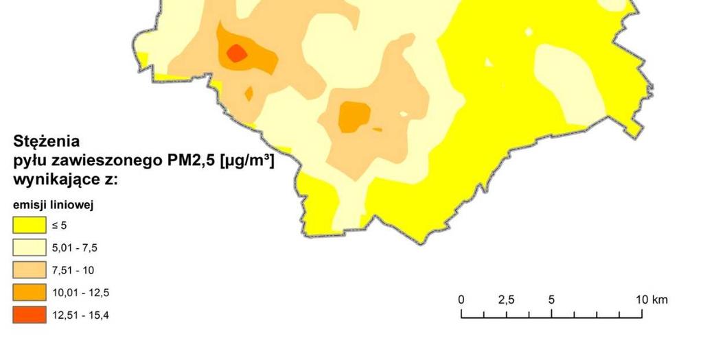 Rysunek 4 Rozkład stężeń pyłu zawieszonego PM2,5 o okresie uśredniania wyników rok kalendarzowy ze źródeł