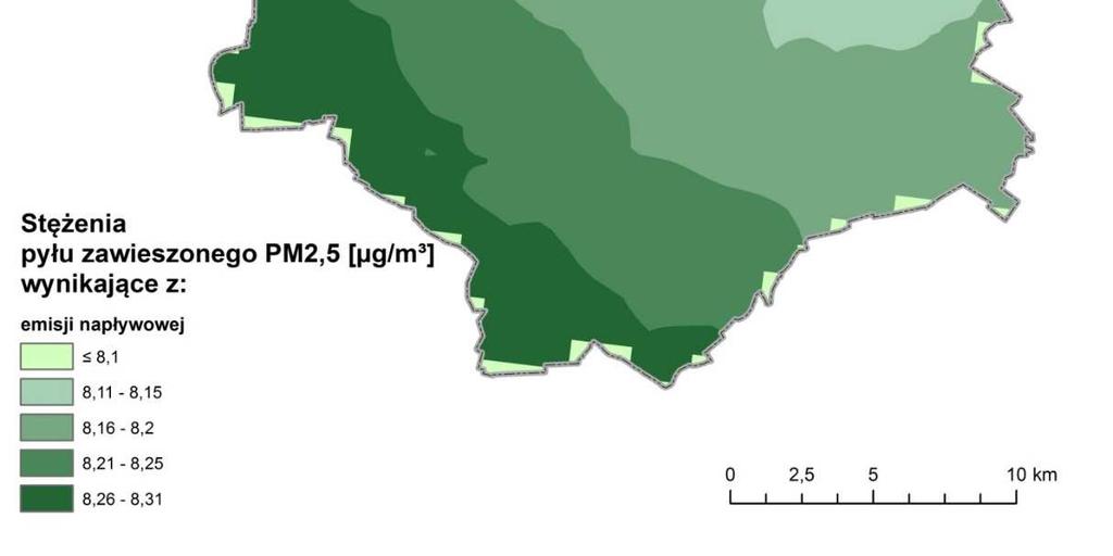 Rysunek 6 Rozkład stężeń pyłu zawieszonego PM2,5 o okresie uśredniania wyników rok kalendarzowy emisji napływowej