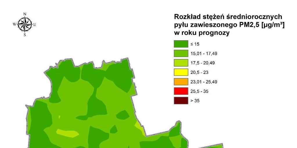 Rysunek 1 Rozkład stężeń pyłu zawieszonego PM2,5 o okresie uśredniania wyników rok kalendarzowy z emisji całkowitej na terenie strefy aglomeracja warszawska w roku prognozy 2024 1.3.