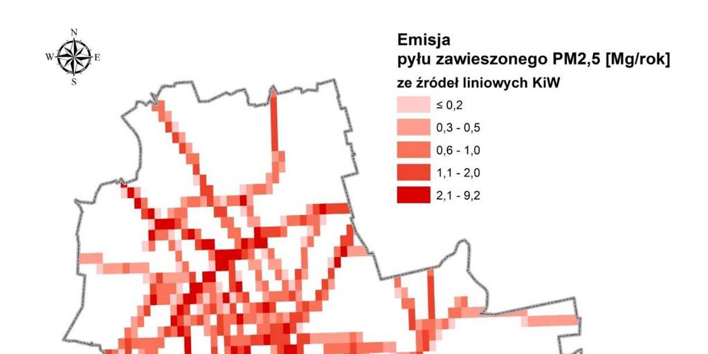 Rysunek 4 Emisja liniowa pyłu zawieszonego PM2,5 pochodząca z dróg krajowych i wojewódzkich w