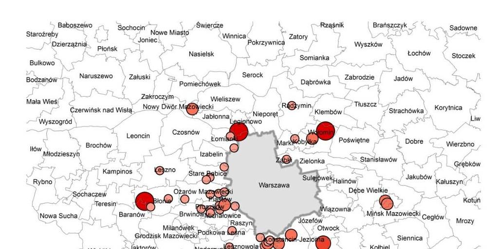 Rysunek 10 Lokalizacja źródeł emisji punktowej z pasa 30km wokół strefy aglomeracja warszawska oraz wielkość