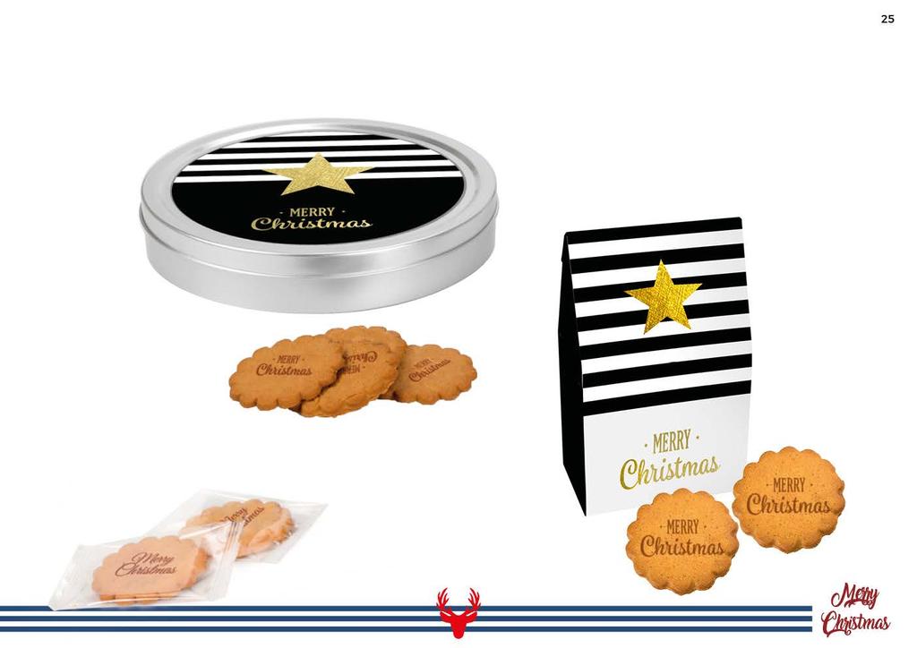 Puszka z Logo Cookie Nr kat. 0407 Zawartość ciasteczka korzenne Logo Cookie (łącznie 110 g) Opcje produktu możliwość umieszczenia indywidualnego napisu Ø 190, h 34 mm Torebka z Logo Cookie Nr kat.