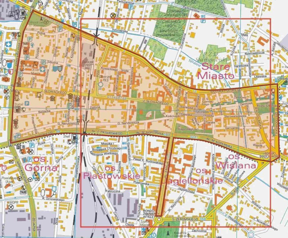 Nowa elewacja Obszar między: al. Armii Krajowej, Wojska Polskiego, Skłodowskiej-Curie, al. Kopernika, al. Piłsudskiego, oraz w ciągu al.