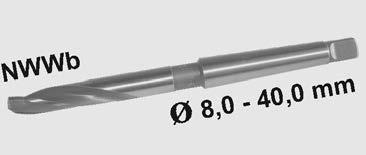 Subland step drills with Morse taper shank intended for tapping size holes; made by grinding method. Stufige Spiralbohrer mit Morse-Kegelschaft für Öffnungen für metrische Gewinde, geschliffen.
