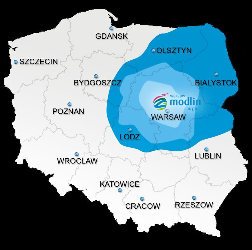Obszar oddziaływania lotniska Warszawa Modlin (kod IATA: WMI) 1,7 mln