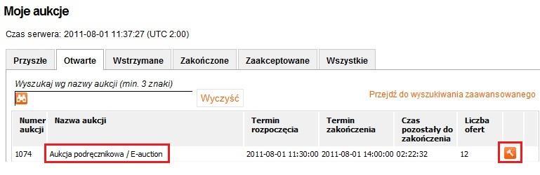 Rysunek 15 Menu główne Po wyborze Moich aukcji Oferent ma możliwość podglądu przyszłych, otwartych, wstrzymanych, zakończonych i