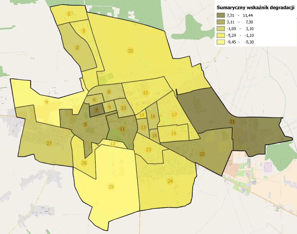 RYSUNEK 3. MAPA ZJAWISK NEGATYWN YCH SUMARYCZNY WSKAŹNIK DEGRADACJI Źródło: opracowanie własne. Granicę rozróżniającą sytuację korzystną od sytuacji problemowej wyznacza norma tj. wartość 0.