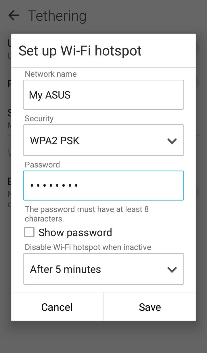 Tethering Gdy sieć Wi-Fi jest niedostępna, telefon ASUS może pełnić funkcję modemu lub hotspota Wi-Fi zapewniającego dostęp do Internetu dla laptopa, tabletu i innych urządzeń przenośnych. WAŻNE!