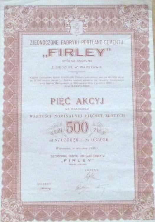 Warszawa styczeń 1938r. Dokument z wydanej obligacji. Zjednoczone Fabryki Portland-Cementu "FIRLEY" S.A. w Warszawie.