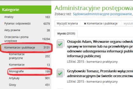 Ostatnim krokiem będzie zawężenie listy wyłącznie do monografii posiadających treść - w tym celu należy kliknąć na pole Dokumenty z treścią widoczne z lewej strony ekranu.