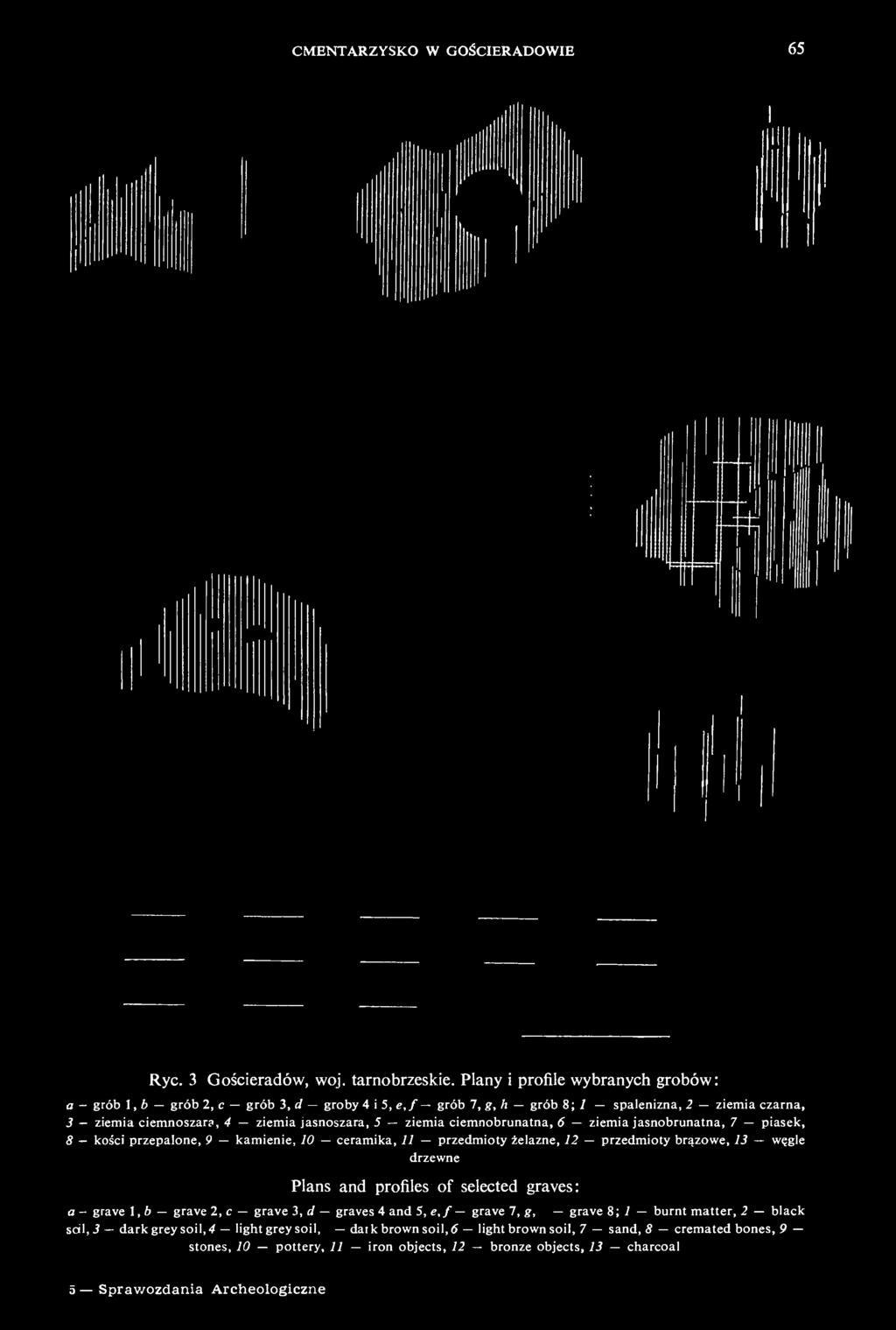 ciemnobrunatna, 6 ziemia jasnobrunatna, 7 piasek, 8 kości przepalone, 9 kamienie, 10 ceramika, 11 przedmioty żelazne, 12 przedmioty brązowe, 13 węgle drzewne Plans and profiles of selected