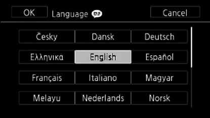 Zmiana języka Domyślnym językiem menu kamery jest angielski. Można go zmienić na jeden z 26 innych dostępnych języków. Tryby pracy: [FUNC.