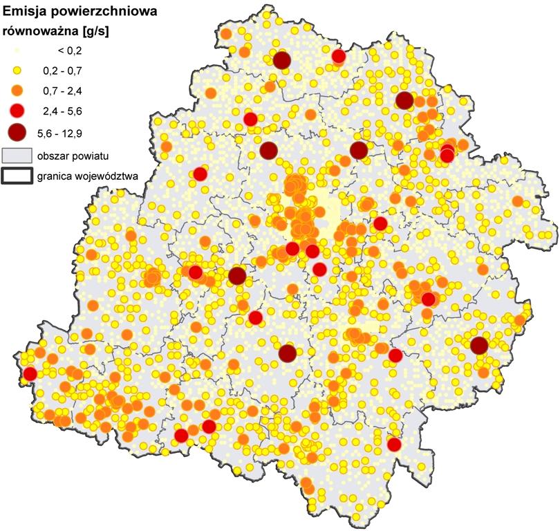 Mapa 11. Równoważna emisja powierzchniowa ze źródeł powierzchniowych w województwie łódzkim 2.7.4 Emisja pyłu z rolnictwa Za emisję pyłu z rolnictwa odpowiadają głownie prace polowe tj.