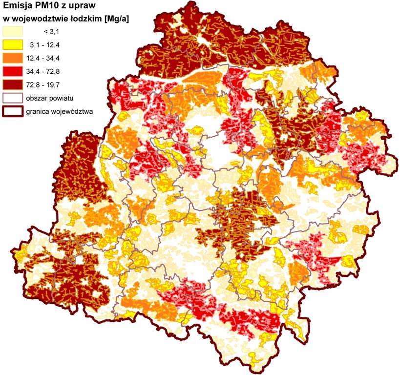 Tabela 13 przedstawia szacowane dla województwa łódzkiego wartości emisji pyłu z dwóch głównych kategorii: upraw rolniczych i hodowli zwierząt.