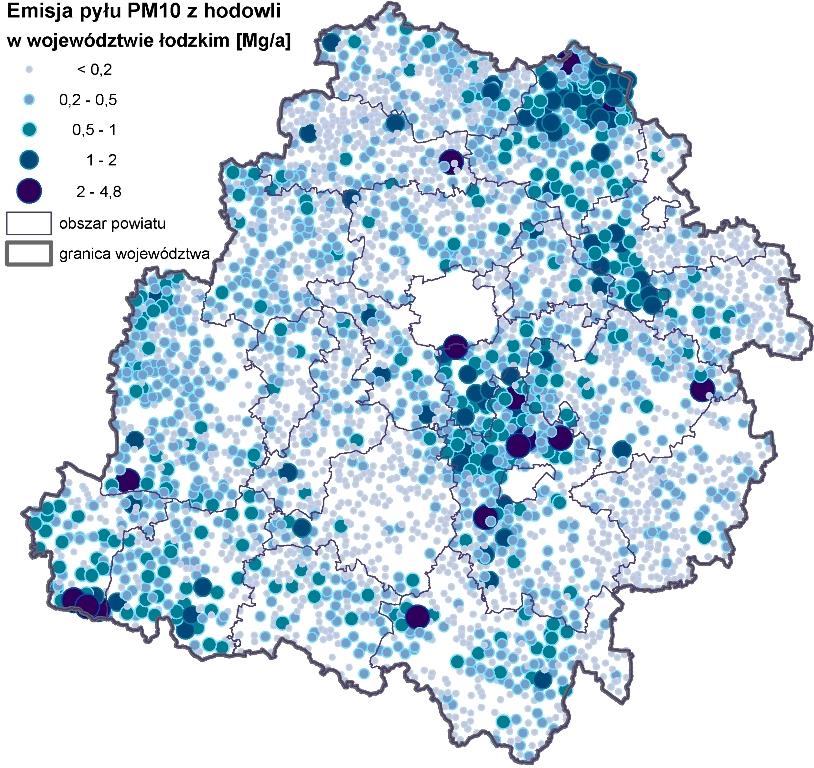 Mapa 13. Emisja pyłu PM10 z hodowli zwierząt w województwie łódzkim w 2009r. 2.7.