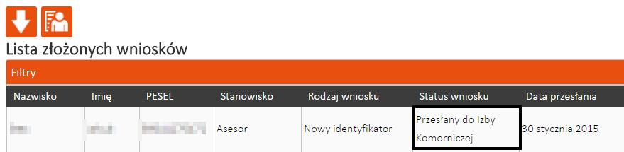 W przypadku kiedy chcemy wniosek odrzucić wybieramy przycisk z ikoną krzyżyka i następnie wpisujemy powód odrzucenia (nadajemy mu tym samym status odrzucony ).