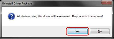 3) Zostanie wyświetlony ekran Uninstall Driver Package (Dezinstalacja pakietu sterowników). Kliknij przycisk Yes (Tak). Program został odinstalowany.