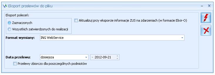 opcjami: Eksportuj przelewy oraz Aktualizuj stany przelewów. Domyślnie kliknięcie w ikonę powoduje wywołanie okna Eksport przelewów do pliku. Rys.