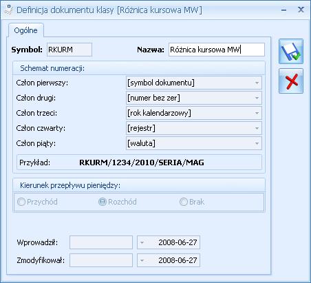 Rys. Definicja dokumentu różnicy kursowej MW Dokument różnicy kursowej tworzony jest po zapisaniu dokumentu wypłaty i zapisywany z datą