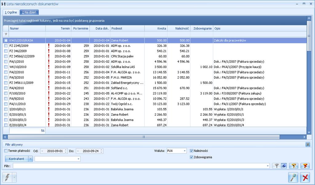 3.9.3.1 Zakładka Ogólne Rys. Lista nierozliczonych dokumentów Lista ta jest posortowana wg terminu płatności, a w obrębie tego samego terminu płatności wg daty dokumentu.