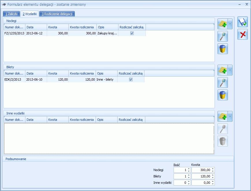 Rys. Formularz elementu delegacji zakładka wydatki W sytuacji, gdy dokument kosztowy powinien zostać podzielony np.