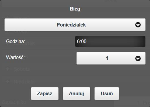 Wybierz kolejno rodzaj parametru, dzień tygodnia, godzinę oraz wartość. 3. Kliknij Zapisz. 4.2.2. EDYCJA POZYCJI PROGRAMU 1.