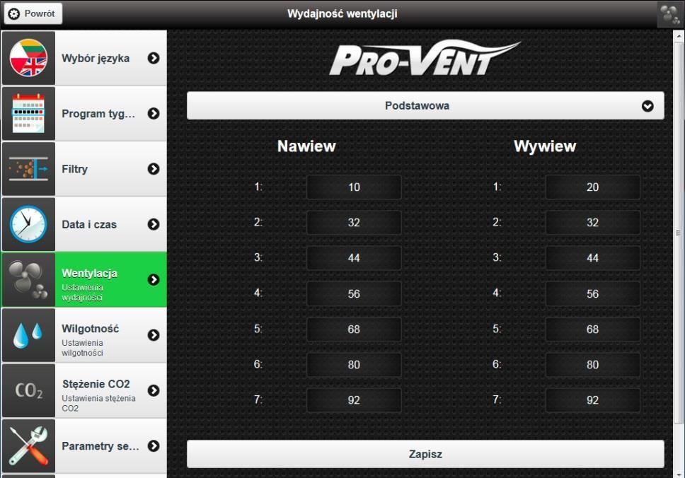 Nie zaleca się dokonywania zmian bez konsultacji z instalatorem lub serwisem producenta. Ekran ustawiania wydajności wentylacji na poszczególnych biegach 1.