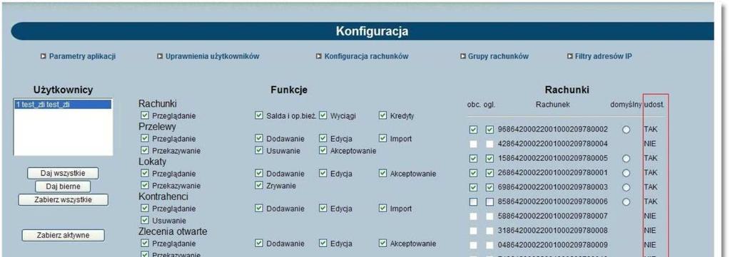 Uprawnień do poszczególnych funkcji dostępnych w systemie, Uprawnień do oglądania poszczególnych rachunków klienta (zleceń lub wyciągów, sald i operacji), Uprawnień do obciążania poszczególnych