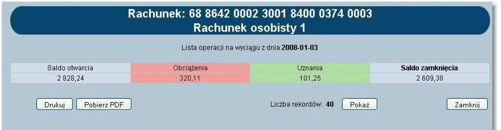 Poniżej listy operacji prezentowane jest podsumowanie zawierające: Saldo po