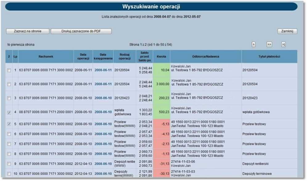 Sumę wypłat, Sumę wpłat. Wybór odnośnika z datą w kolumnie Data wyciągu umożliwia wyświetlenie listy operacji na wyciągu z danego dnia.