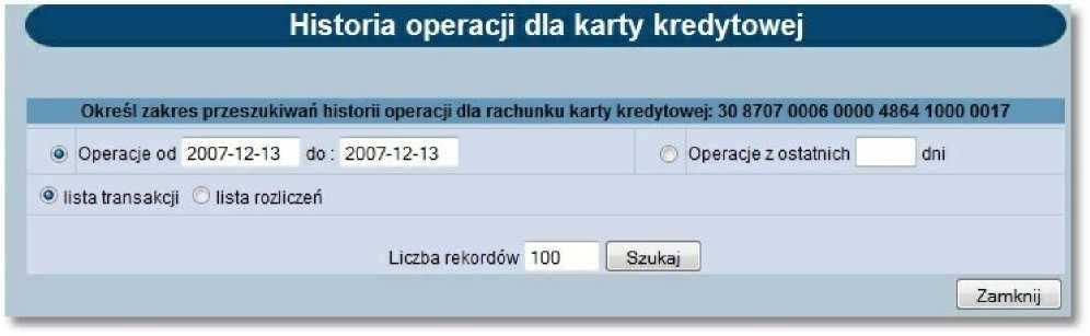 W oknie Kredyty dostępne są następujące informacje: Numer rachunku - numer rachunku kredytowego powiązanego z kartami kredytowymi, Nazwa produktu - nazwa rodzaju rachunku kredytowego powiązanego z