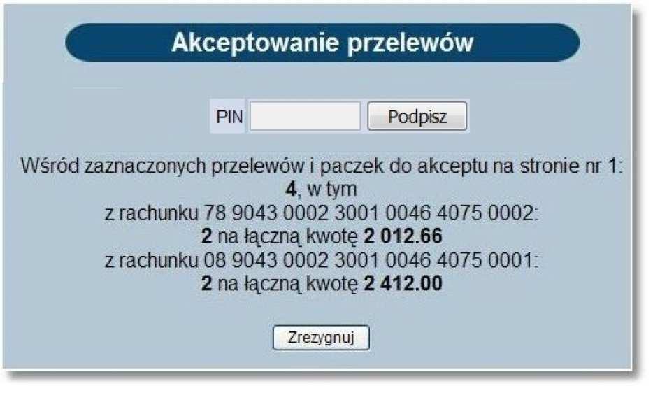 Akceptowanie zbiorcze jest możliwe dla zaznaczonych na liście przelewów z bieżącej strony.